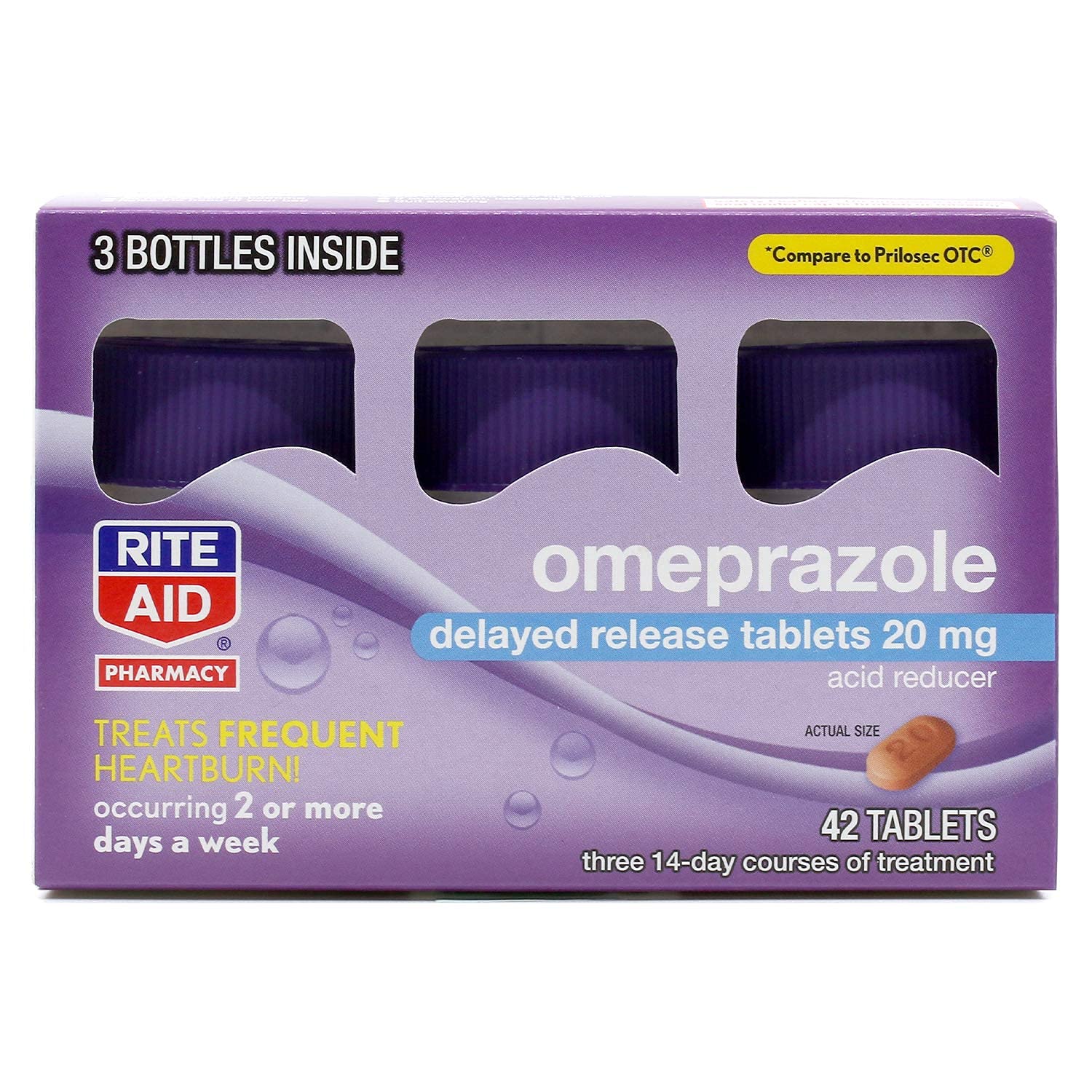 Rite Aid Acid Reducer Omeprazole Delayed Release Tablets - 20 mg, 3 Bottles, 14 Count Each (42 Count Total) - Heartburn Relief - Heartburn Medicine - Treats Frequent Heartburn