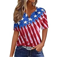 4Th of July Tops for Women Summer Sexy V Neck Short Sleeve Shirts Flag Graphic Tees Plus Size White Button Down Blouses
