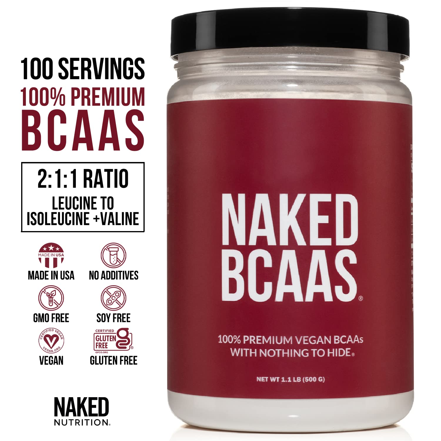 NAKED Pure Creatine Monohydrate 100 Servings + 100 Servings Unflavored BCAAs Vegan Bundle