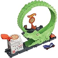 Toy Car Track Set Gator Loop Attack Playset in Pizza Place with 1:64 Scale Car, Connects to Other Sets