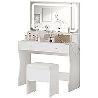 IRONCK Vanity Desk Set with LED Lighted Mirror & Power Outlet, Makeup Vanity Table with 4 Drawers,Storage Bench,for Bedroom, Bathroom, White