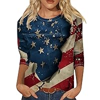 Womens American Flag Patriotic 3/4 Sleeve Shirt 4Th of July Independence Day Crewneck Cute Festival Tops