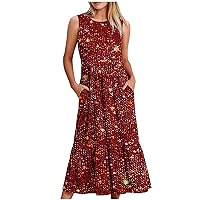 Amazon Outlets Store Open Box Deals Women Crewneck Summer Dresses Sleeveless Ruffle Long Dress with Pockets 2023 Casual Swing Sundress Long Dress Engagement Dress Red