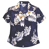 Pacific Legend Womens Plumeria Hibiscus Feather Fern Fitted Shirt Navy Blue XXL