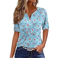 Summer Tops for Women 2024 Blouses Dressy Casual Short Sleeve T Shirt Tee Print Button V- Neck Regular Tops