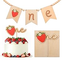 Sweet One Wooden Cake Topper, Strawberry 1st Birthday Wooden Cake Topper and Berry Strawberry Theme High Chair Wooden Banner for Baby Shower, Sweet First Birthday, Party Photo Props
