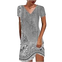 Beach Dresses for Women Vintage Western Ethnic Print Short Sleeve V Neck T Shirt Dress Plus Size Loose Midi Dress