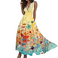 Casual Dresses for Women 2024 Summer Trendy Floral Print Sleeveless Wrap V Neck Vacation Sundresses Swing A Line Maxi Dress
