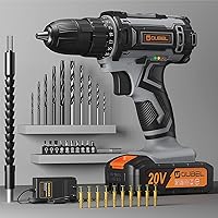 Drill Set, OUBEL 20V Cordless Drill with Battery and Charger, Home Electric Power Drill Cordless, 3/8-Inch Keyless Chuck, 2 Variable Speed, 25+1 Position, LED Light and 42pcs Accessories