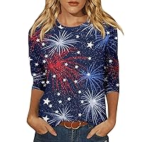 3/4 Sleeve Tops for Women Summer 4Th of July Shirts Casual Flag Printed Graphic Tees Crew Necks Plus Size Blouses