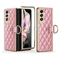 Case for Samsung Galaxy Z Fold 4, Leather with Case Ring, Anti-Scratch Screen Protection, Shockproof Anti-Skid Full Coverage Electroplating Borders Cover,Pink