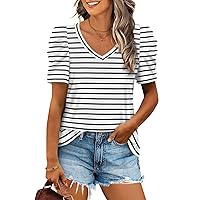XIEERDUO Womens Summer Shirt V Neck Casual Tshirts Puff Sleeve Tops for Women Solid Color XS-3XL