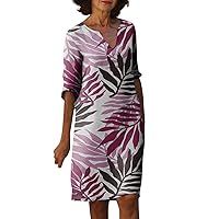 School Short Sleeve Shift Dresses Women Classic Fall Printed Boxy Fit Tunic Dress Thin Comfortable with Pockets Purple M