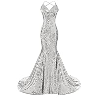 DYS Women's Sequins Mermaid Prom Dress Spaghetti Straps V Neck Backless Gowns Silver US 8