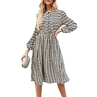 JASAMBAC Womens Wear to Work Dress Long Sleeve Business Casual Flowy Midi Dress with Belt for Wedding Guest Party
