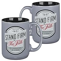 Christian Art Gifts Large Ceramic Inspirational Scripture Coffee & Tea Mug for Men & Women: Stand Firm Encouraging Bible Verse, Microwave & Dishwasher Safe Non-toxic Hot/Cold Cup, Gray & Black, 14 oz.