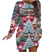 3D Look Print Christmas Sweatshirt Dress for Women Oversized Long Sleeve Crewneck Pullover Funny Sweater Dresses