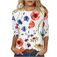 Women's Floral Print 3/4 Sleeve T-Shirts Casual Slim Fit Summer Tops Fashion T Shirts Ladies Sweatshirts Crewneck Clothes