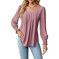 MNLYBABY Womens Square Neck Ruffle Shirts Spring Long Sleeve Tops Pleated Front Curved Hem Casual Loose Fit Blouse