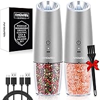 AmuseWit Gravity Electric Salt and Pepper Grinder Set of 4[White Light] USB Rechargeable Automatic Pepper and Salt Mills,Adjustable Coarseness,One-Handed Operation,Stainless Steel