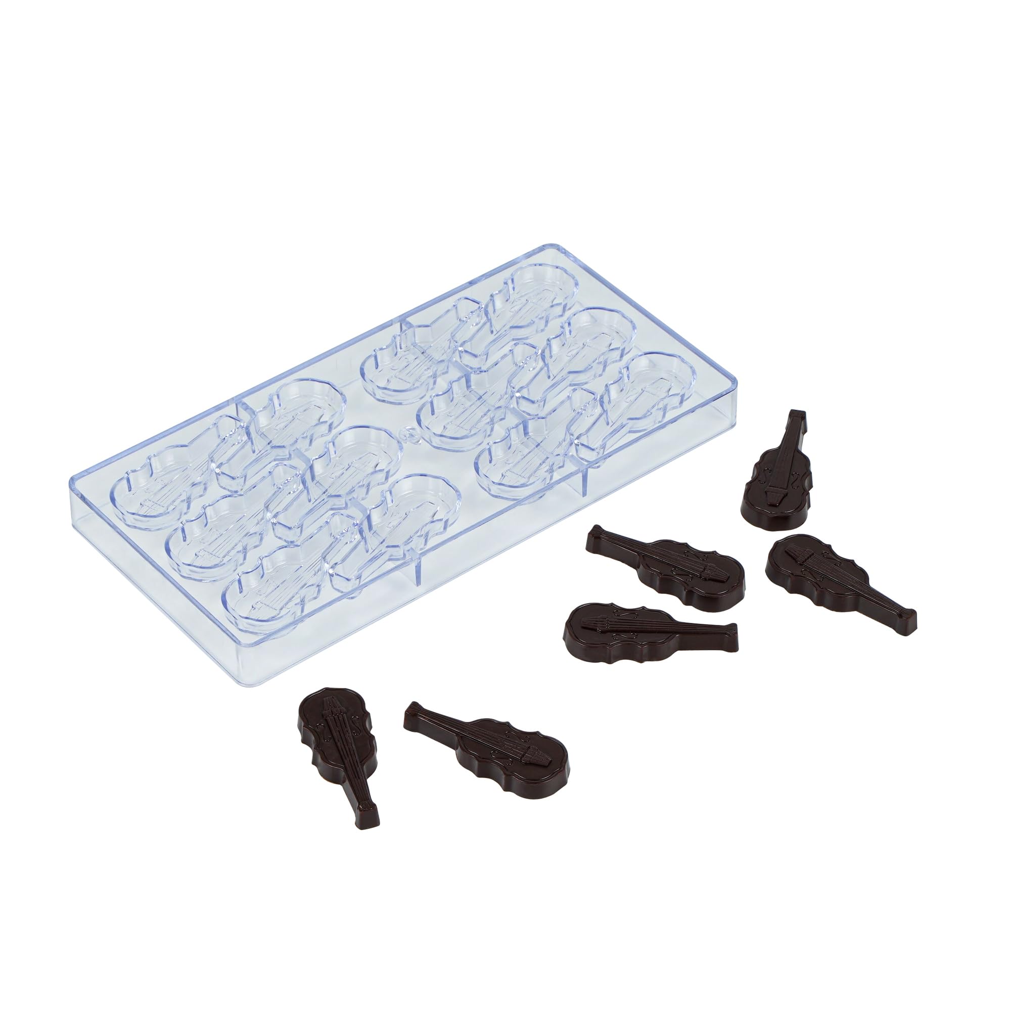 Pastry Tek 10.8 x 5.3 Inch Chocolate Shaping Molds, 10 Freezable Candy Molds - 12 Cavities, Violin-Shaped, Clear Polycarbonate Chocolate Molds, Dishwashable, Easy To Release - Restaurantware