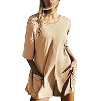 Flygo Women's Romper Short Sleeve Tee Rompers Crewneck Jumpsuit Back V Neck Casual Hot Shot One Piece Outfits with Pockets