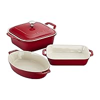 Staub Ceramics 4-pc Baking Pans Set, Casserole Dish with Lid, Brownie Pan, Cherry