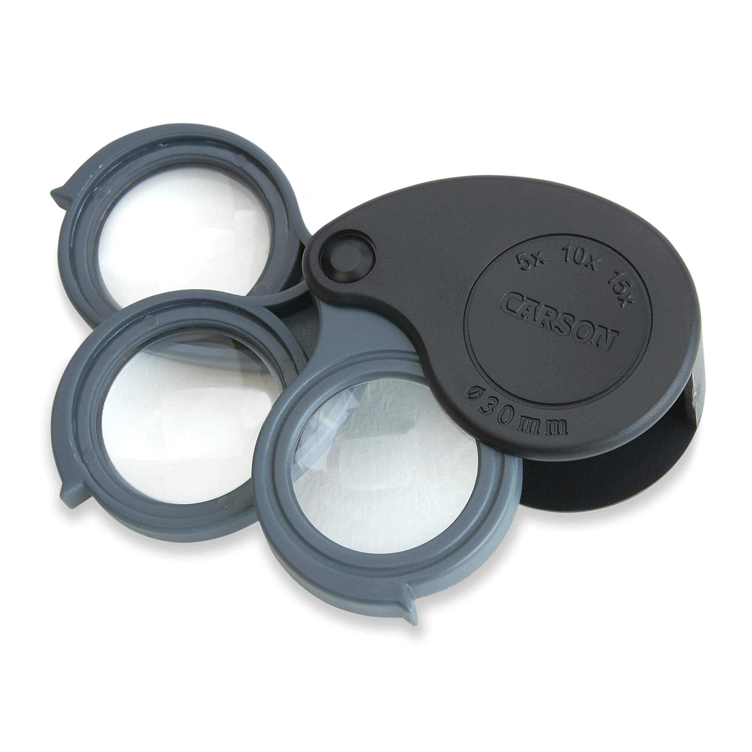 Carson TriView 5x/10x/15x Folding Loupe Magnifier with Built-in Case (TV-15), Black