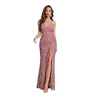 Dresses for Women - Dusty Pink Split Thigh Sequin Cami Dress for Party with Contrast Mesh and Criss Cross