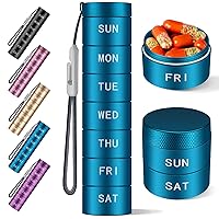 Travel Pill Organizer,Weekly Waterproof Metal Pill Case,Pill Holder, Moisture Proof Daily pill box 7 day,Large Pill Container to Hold Vitamins,Medication, Fish Oil ,Supplements 【Blue】