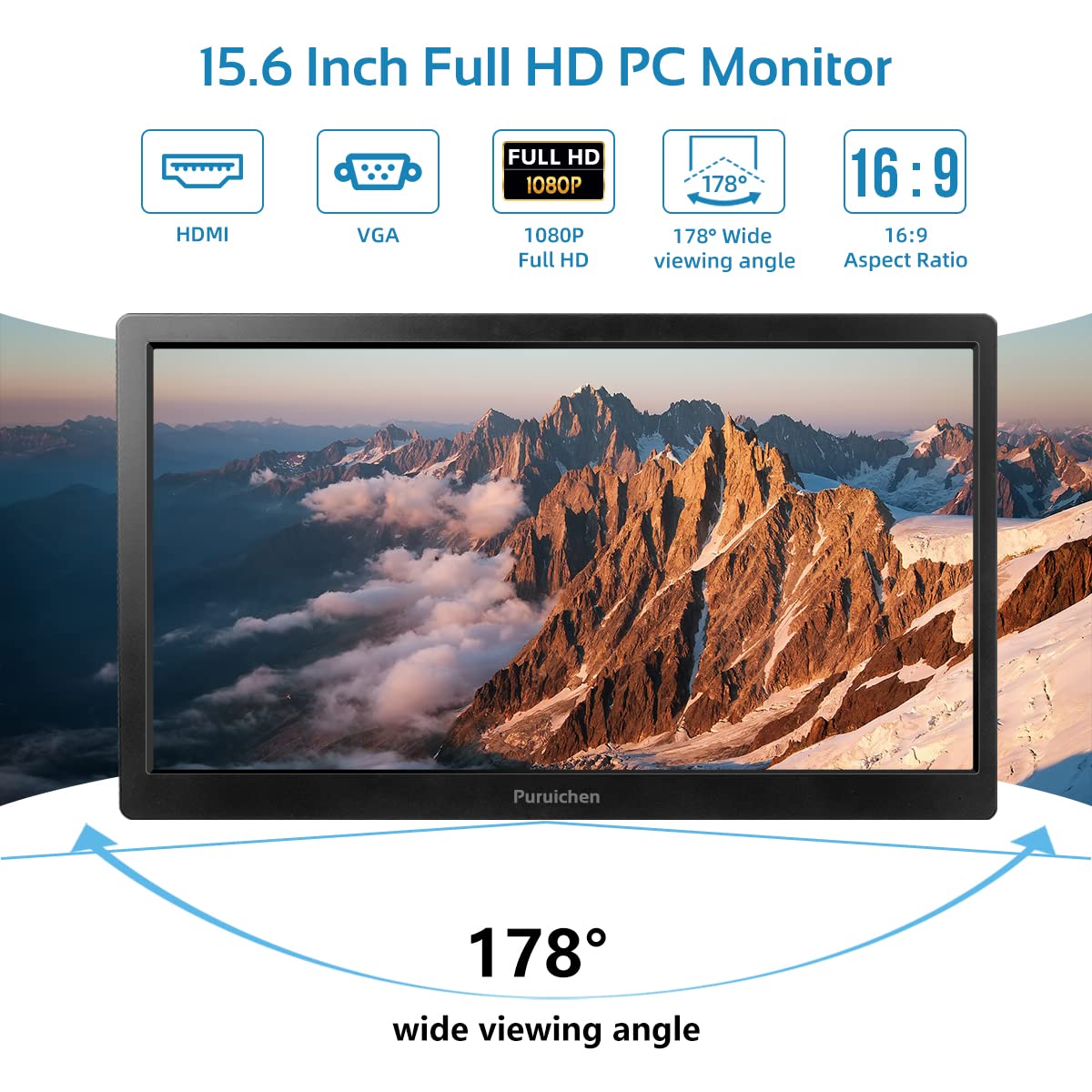 15.6 inch PC Monitor LED Portable Monitor FHD 1920 x 1080P Small Monitor Desktop Monitor with with HDMI and VGA Port,Built-in Speakers, VESA