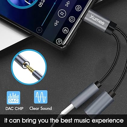 Xumee USB Type C to 3.5mm Headphone and Charger Adapter, 2-in-1 USB C to Aux Audio Jack Hi-Res DAC and Fast Charging Dongle Cable Compatible with iPhone 15 Pro Max,Galaxy S24 S23 Ultra S22 S21 (Grey)