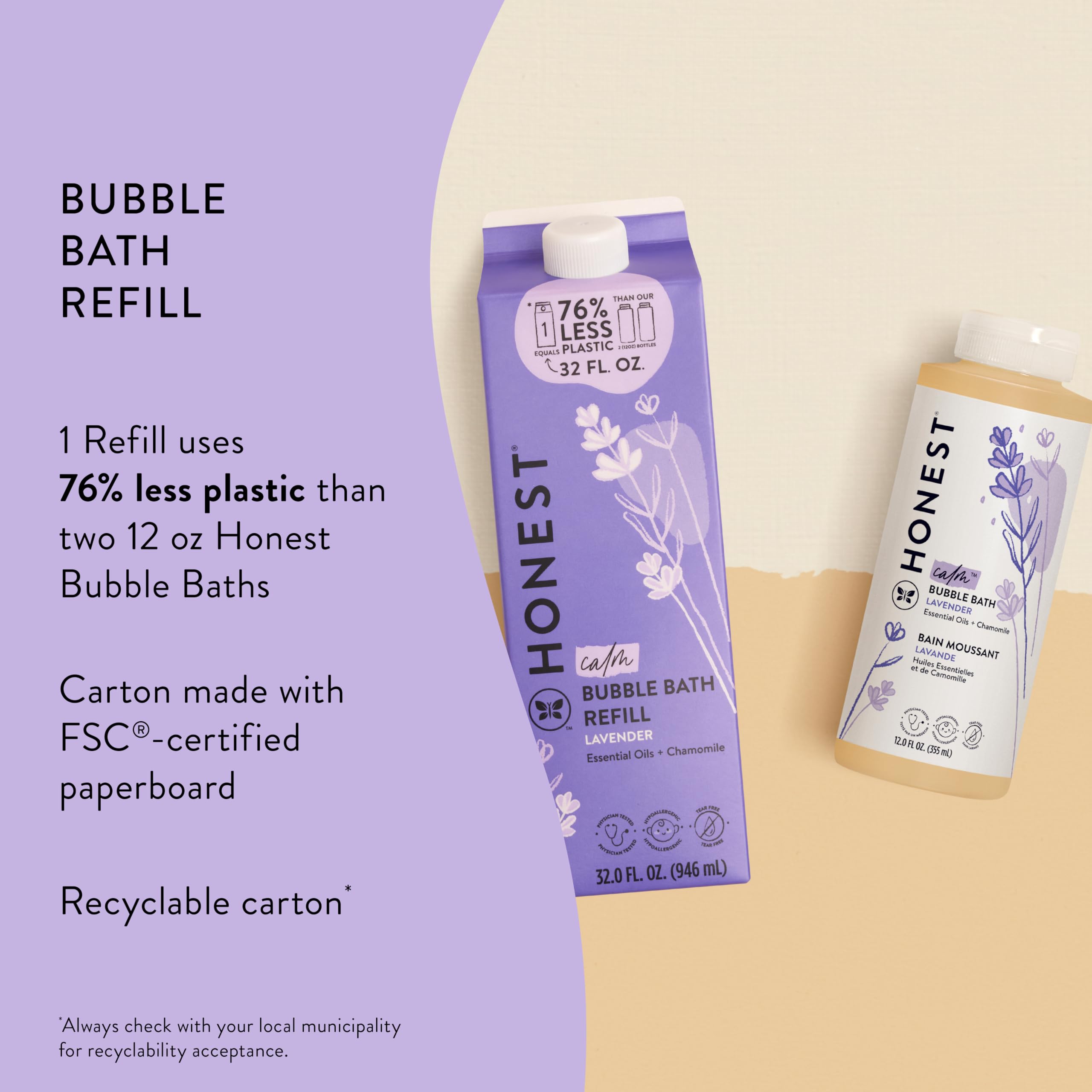 The Honest Company Foaming Bubble Bath Refill Carton | Gentle for Baby | Naturally Derived, Tear-free, Hypoallergenic | Lavender Calm, 32 fl oz