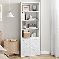 Bookcase with Doors Farmhouse Bookshelf 11.8in Depth Wooden Display Storage Shelves 71.4in Tall Bookcases Industrial 6 Shelf Grey Bookshelves for Bedroom, Living Room, Home Office