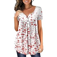 Plus Size Tops for Women, Valentines Day Shirts Women Casual Short Sleeve Pleated V Neck Summer Tops Cute Heart