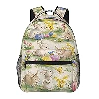 Casual Laptop Backpack Lightweight Flower Rabbit Easter Canvas Backpack For Women Man Travel Daypack With Side Pocket