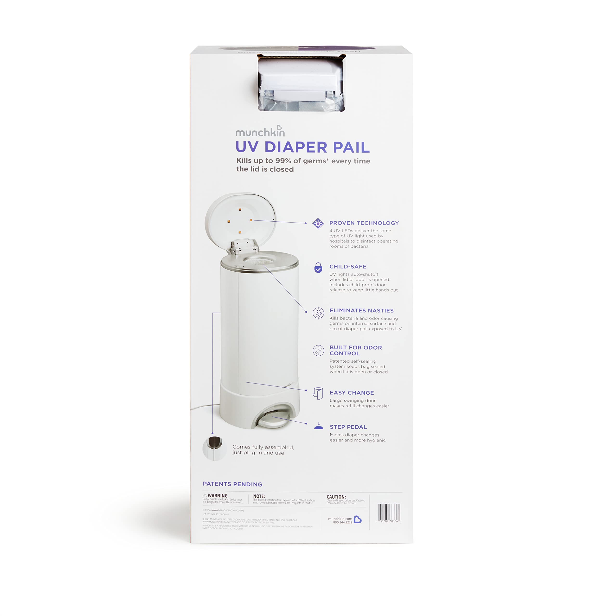 Munchkin® UV Diaper Pail #1 in Odor Control, LED UV Lights Kills 99% of Germs and Odor Causing Bacteria on Lid Surface, Includes 1 UV Refill Ring and 1 UV Snap, Seal & Toss Bag