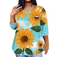 Plus Size Casual Tops Plus Size Tops for Women Sunflower Print Casual Fashion Trendy Loose Fit with 3/4 Sleeve Round Neck Shirts Light Blue 3X-Large