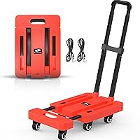 SPACEKEEPER Folding Hand Truck, 500 LB Heavy Duty Luggage Cart, Utility Dolly Platform Cart with 6 Wheels & 2 Elastic Ropes for Luggage, Travel, Moving, Shopping, Office Use, Orange