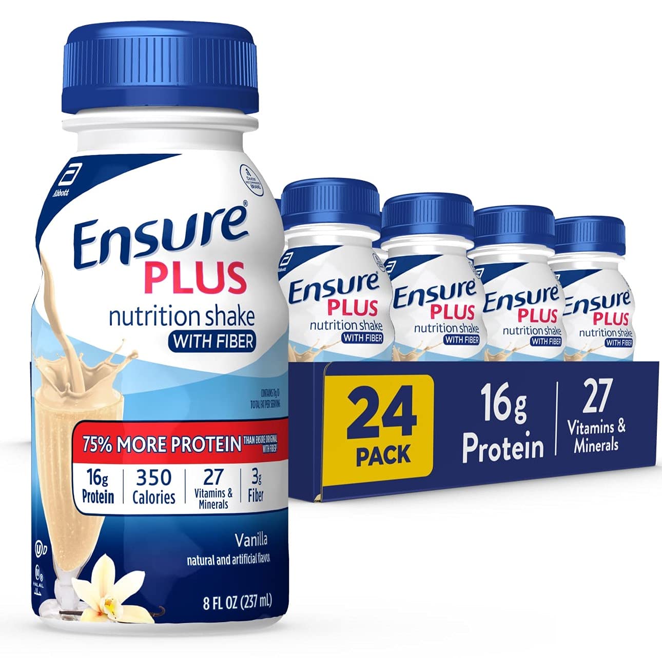 Ensure Plus Nutrition Shake with 16 grams of protein & Ensure Plus Liquid Nutrition Shake with Fiber, 16 Grams of Protein, Vanilla, 8 Fl Oz Bottle (Pack of 24)