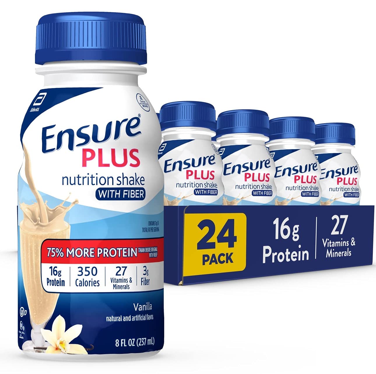 Ensure Plus Nutrition Shake with Fiber, 24 Count, 16 Grams of Protein, Meal Replacement Shake, Vanilla, 8 Fl Oz