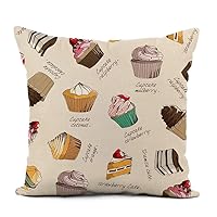 Linen Throw Pillow Cover Brown Cute Cupcakes and Cake Pattern Choux Tiramisu Anniversary Home Decor Pillowcase 20x20 Inch Cushion Cover for Sofa Couch Bed and Car