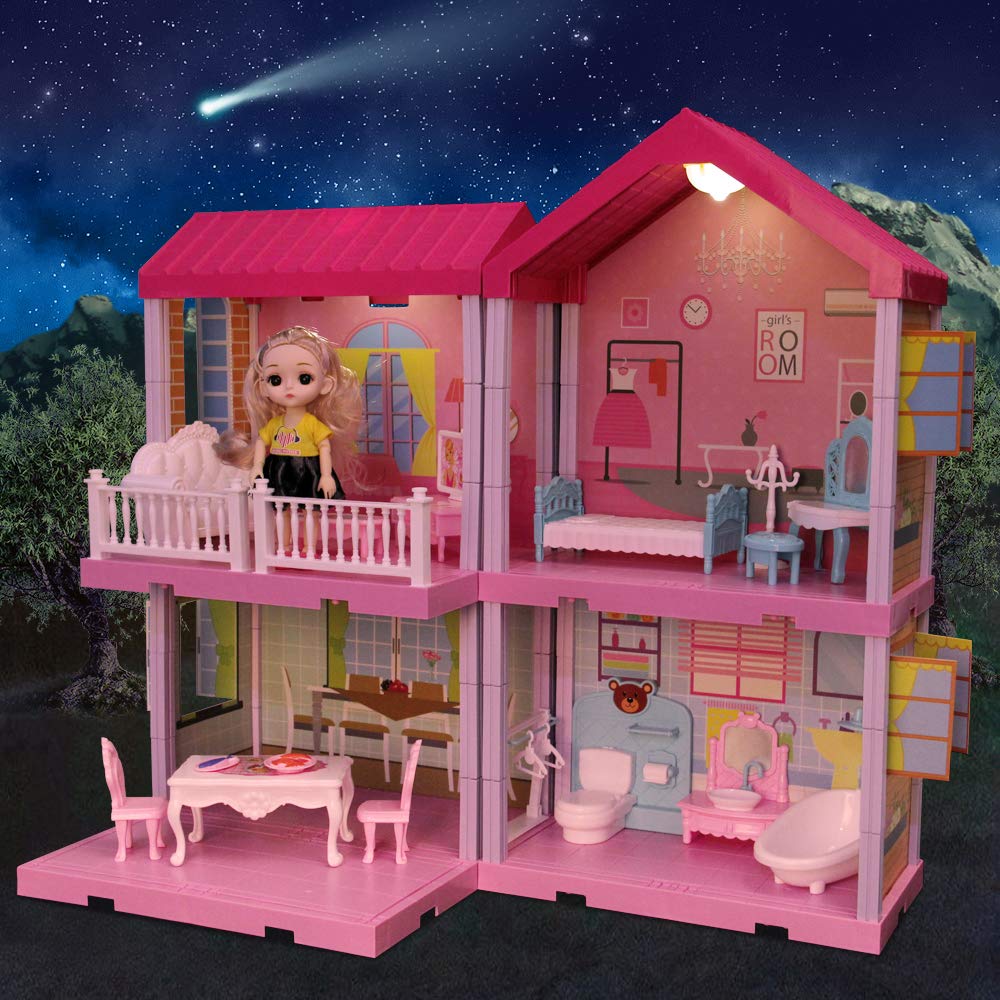 Dreamhouse Dollhouse Kit, Doll House Asseccories and Furniture, DIY Pretend Play Building Playset Toys with Doll and Lights, Dreamy Princess House for Toddlers, Kids Boys & Girls (4 Rooms)