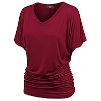 Women's Solid Short Sleeve Boat Neck V Neck Dolman Top with Side Shirring-Made in U.S.A.