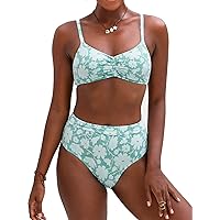 CUPSHE Women's Floral Ruched Bikini Swimsuit High Waisted Removable Padding Two Pieces Bathing Suits