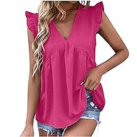 Womens Ruffle Cap Sleeve Tops Short Sleeve V Neck Ruched Shirts Casual Summer Babydoll Blouses Cute Tshirts Tees