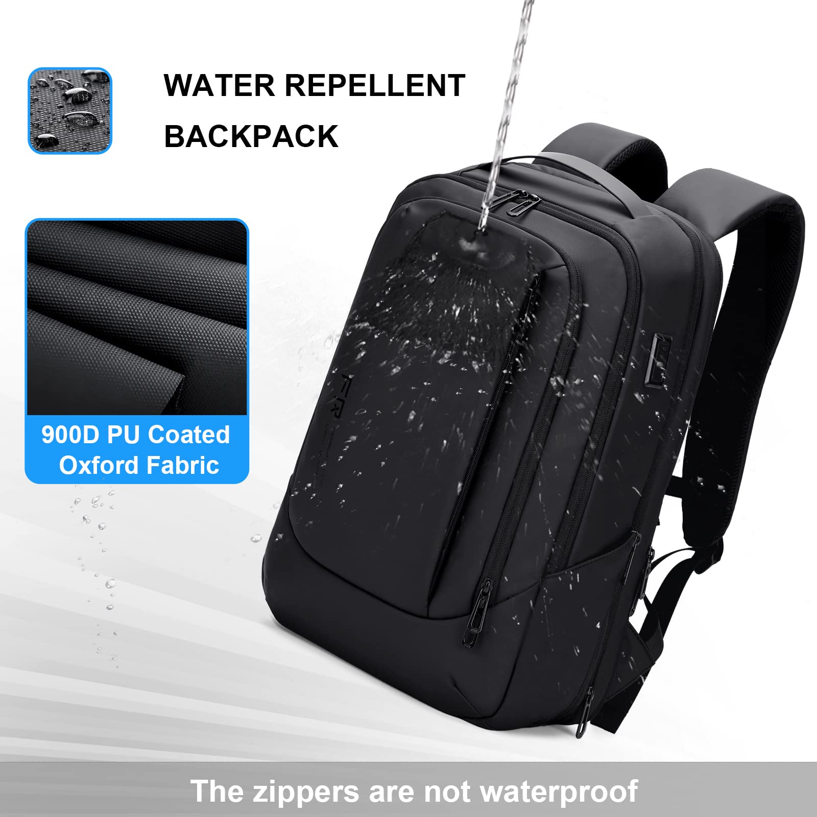 FENRUIEN Business Travel Backpack for Men, Expandable Water Resistant Computer Backpack with USB Port, Black Laptop Backpack 15.6 Inch for College/Work