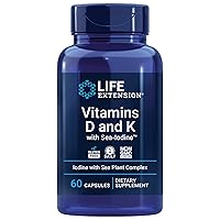 Life Extension Vitamins D and K with Sea-Iodine, vitamin D3, vitamin K1 and K2, iodine, supports immune, bone, arterial and thyroid health, non-GMO, gluten-free, 60 capsules