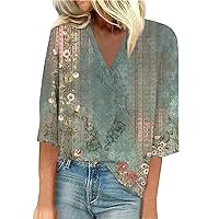 T Shirt for Women Active 3/4 Sleeve Shirts Lace V Neck Dressy Tops Trendy Summer Floral Blouses