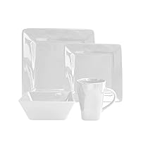 American Atelier Kingsley Casual Square Dinnerware Set – 16-Piece Stoneware Party Collection w/ 4 Dinner Salad Plates, 4 Bowls & 4 Mugs – Unique Gift Idea, White-16